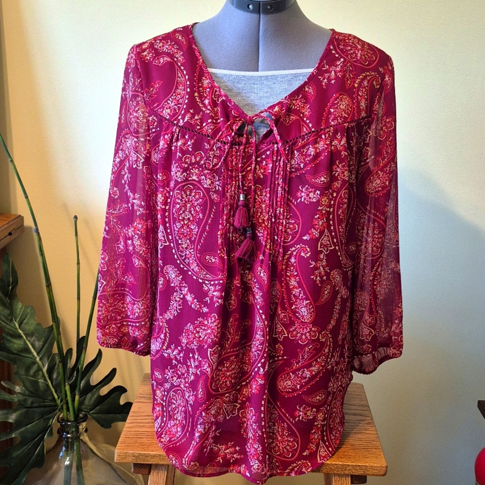 St. John’s Bay Red Paisley Tunic Blouse | Sheer Lined Boho Top | Size PM Petite